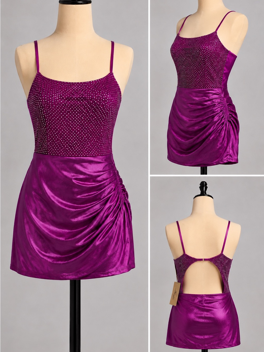 Windsor Magenta Rhinestone Satin Ruched Mini Dress Open Back Size Small NWT